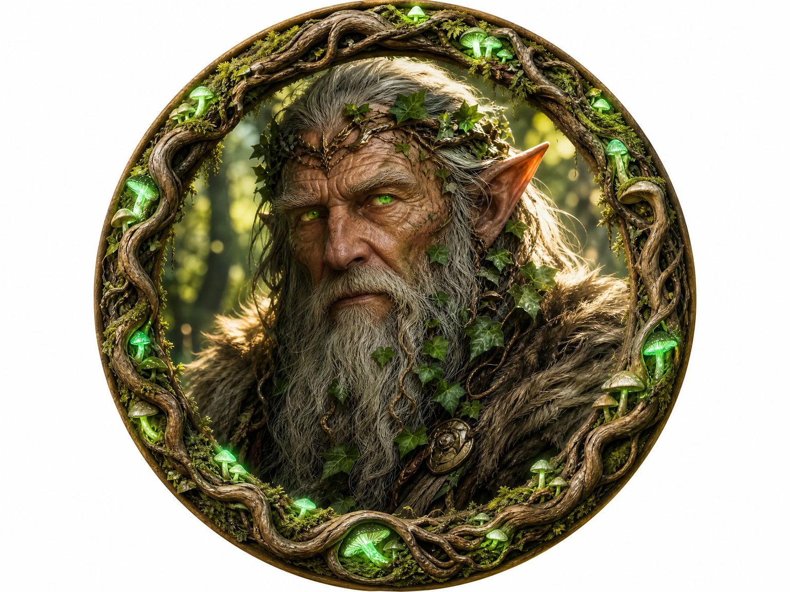 Circular VTT token of an elderly elf druid framed by interwoven oak branches and moss