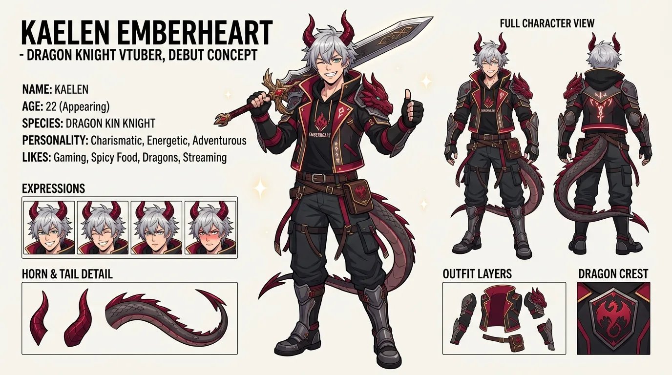 Dragon knight anime virtual streamer debut concept art sheet with full character turnaround and expressions