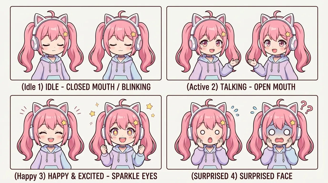 PNGTuber 4-state reactive character sprites sheet with idle blinking, open-mouth talking, and sparkle expressions