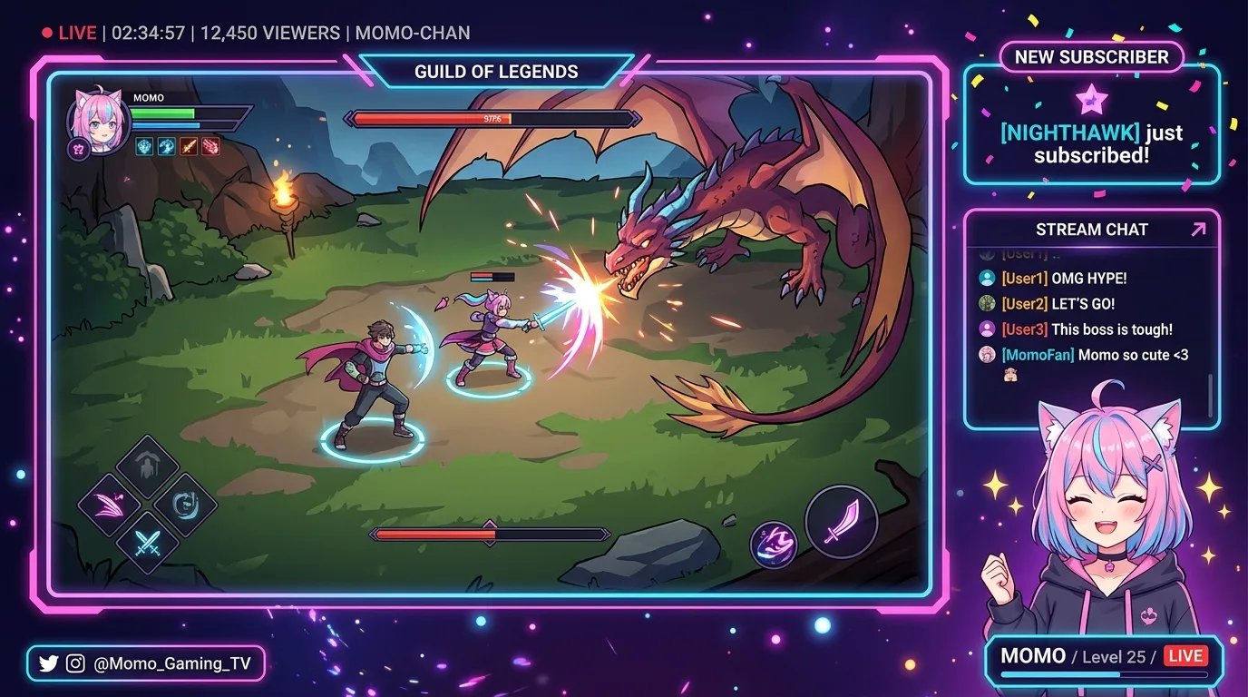 Twitch streaming broadcast room overlay mockup with reactive 2D anime VTuber avatar, chatbox, and alerts
