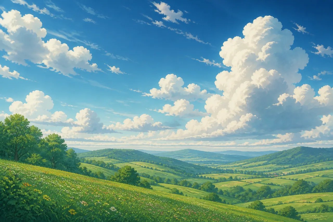AI-generated Studio Ghibli style green rolling hills wallpaper under a wide cloudy sky