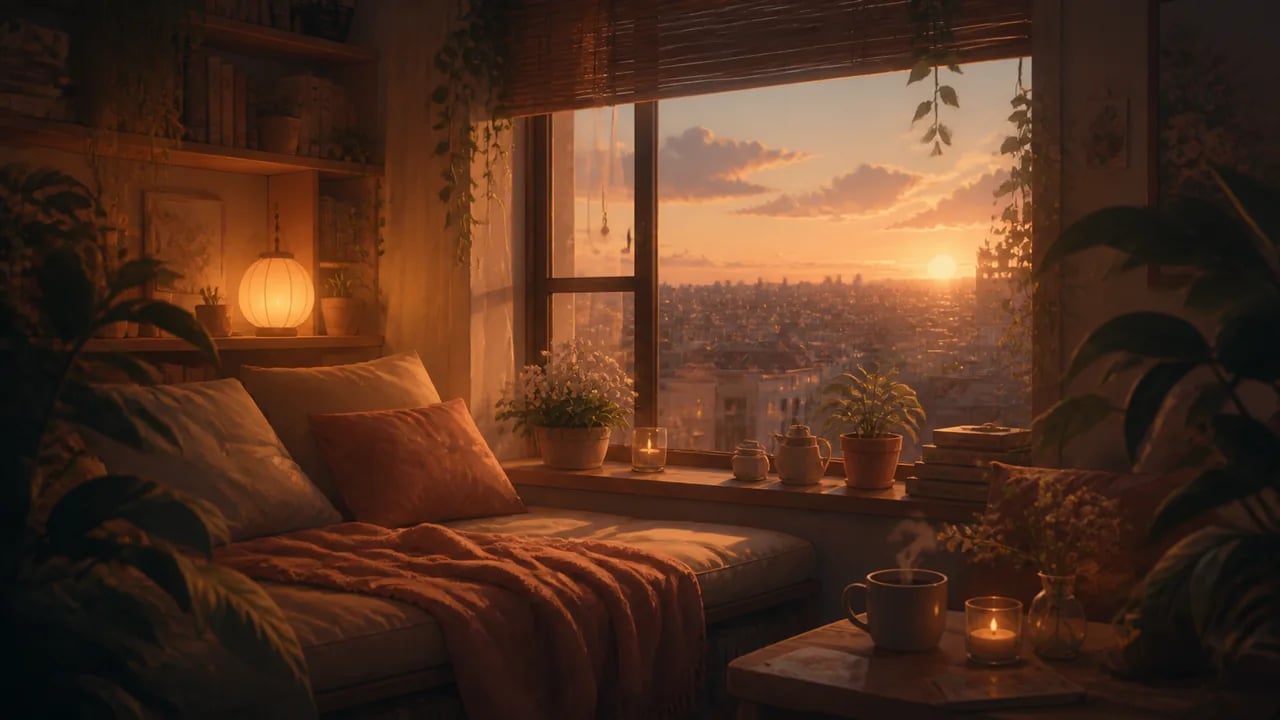 AI-generated cozy anime-style reading nook wallpaper at golden hour with warm lamp glow