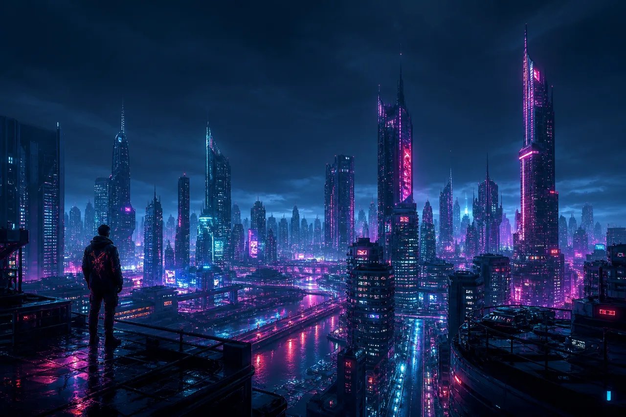 AI-generated cyberpunk city skyline wallpaper at night with neon teal and magenta reflections