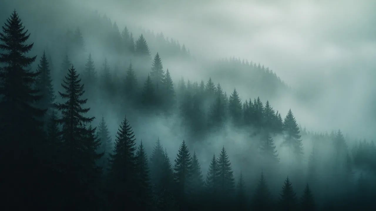 AI-generated dark moody pine forest desktop wallpaper in fog with deep green tones