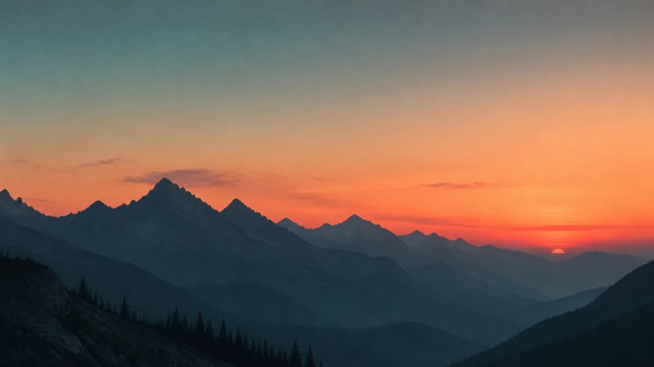 AI-generated minimalist mountain range at dusk desktop wallpaper in teal and coral