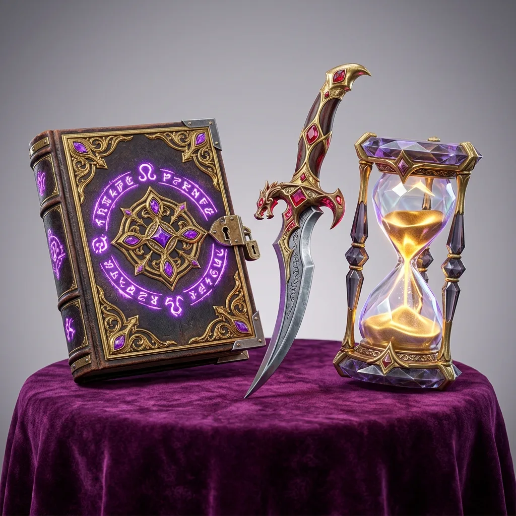 Collection of RPG fantasy loot assets including enchanted grimoire, ruby dagger, and hourglass
