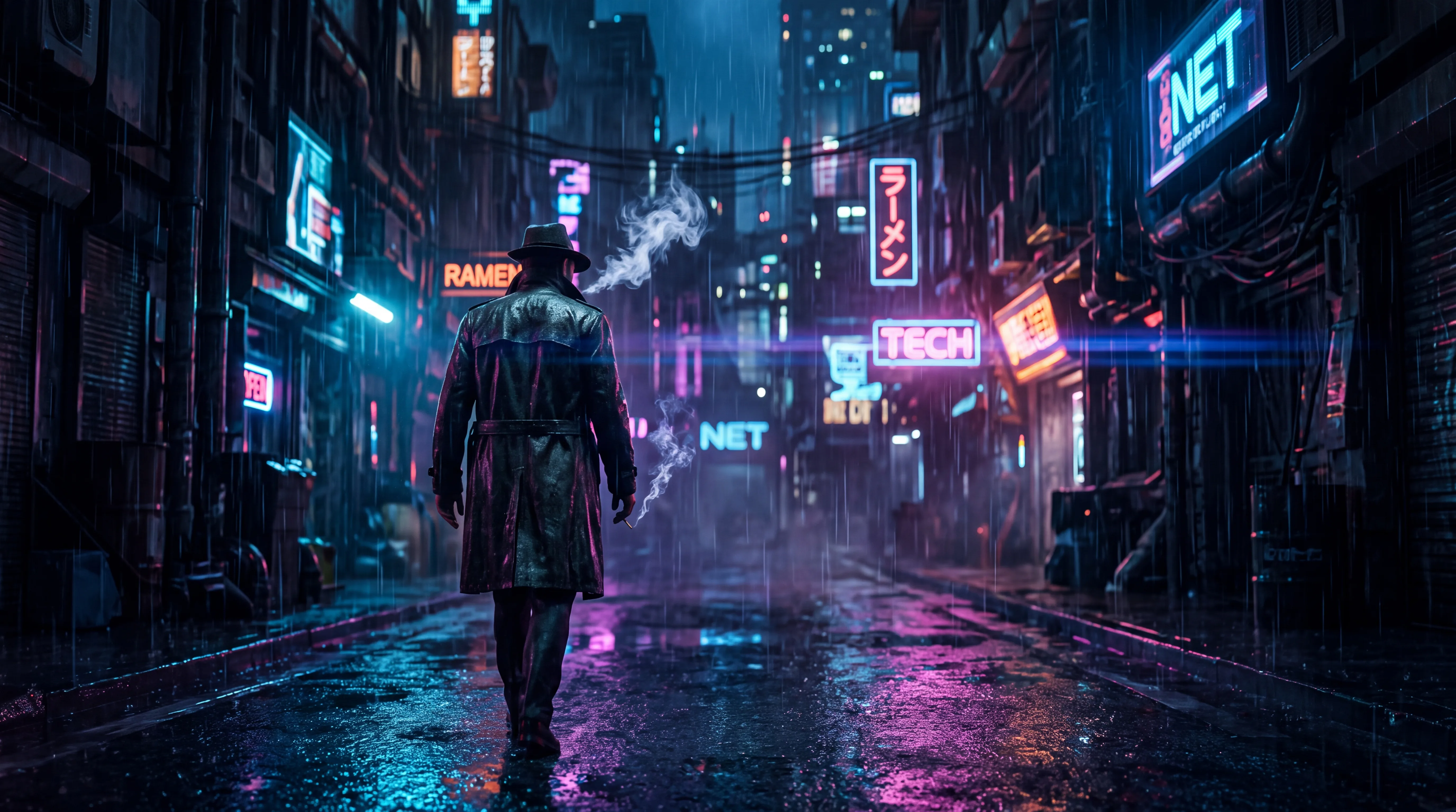 AI movie trailer generator — Dystopian cyberpunk rain-soaked neon alley