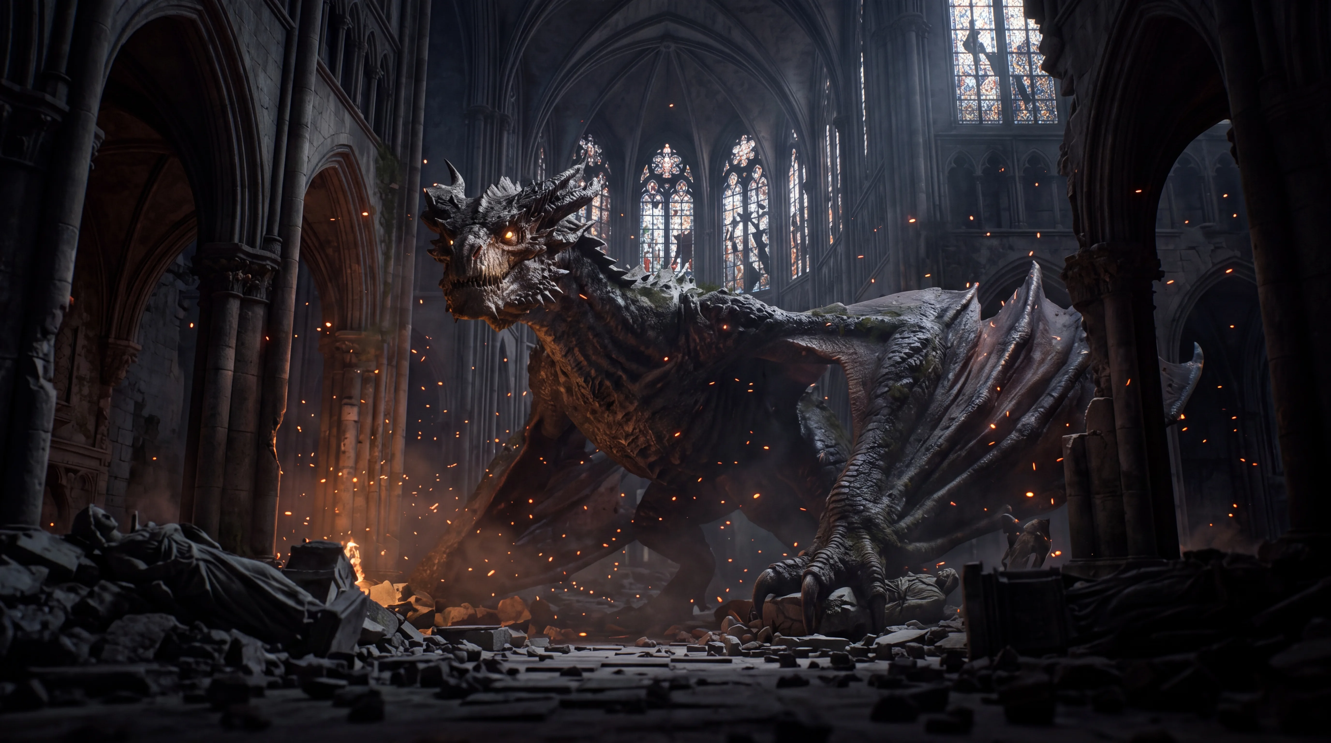 AI movie trailer generator — Gothic cathedral dragon awakening trailer still