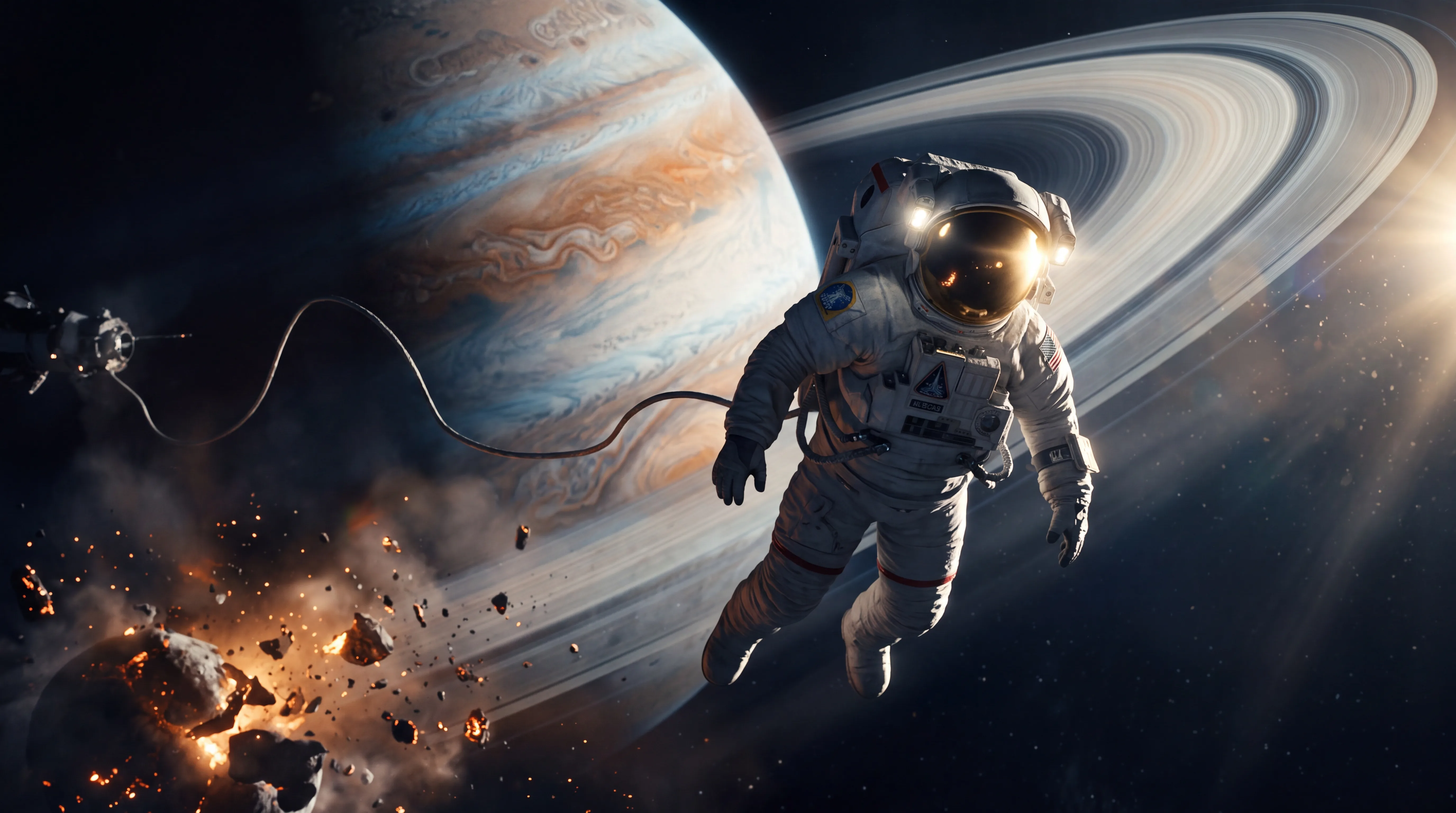 AI movie trailer generator — Deep space astronaut planetary fly-by still