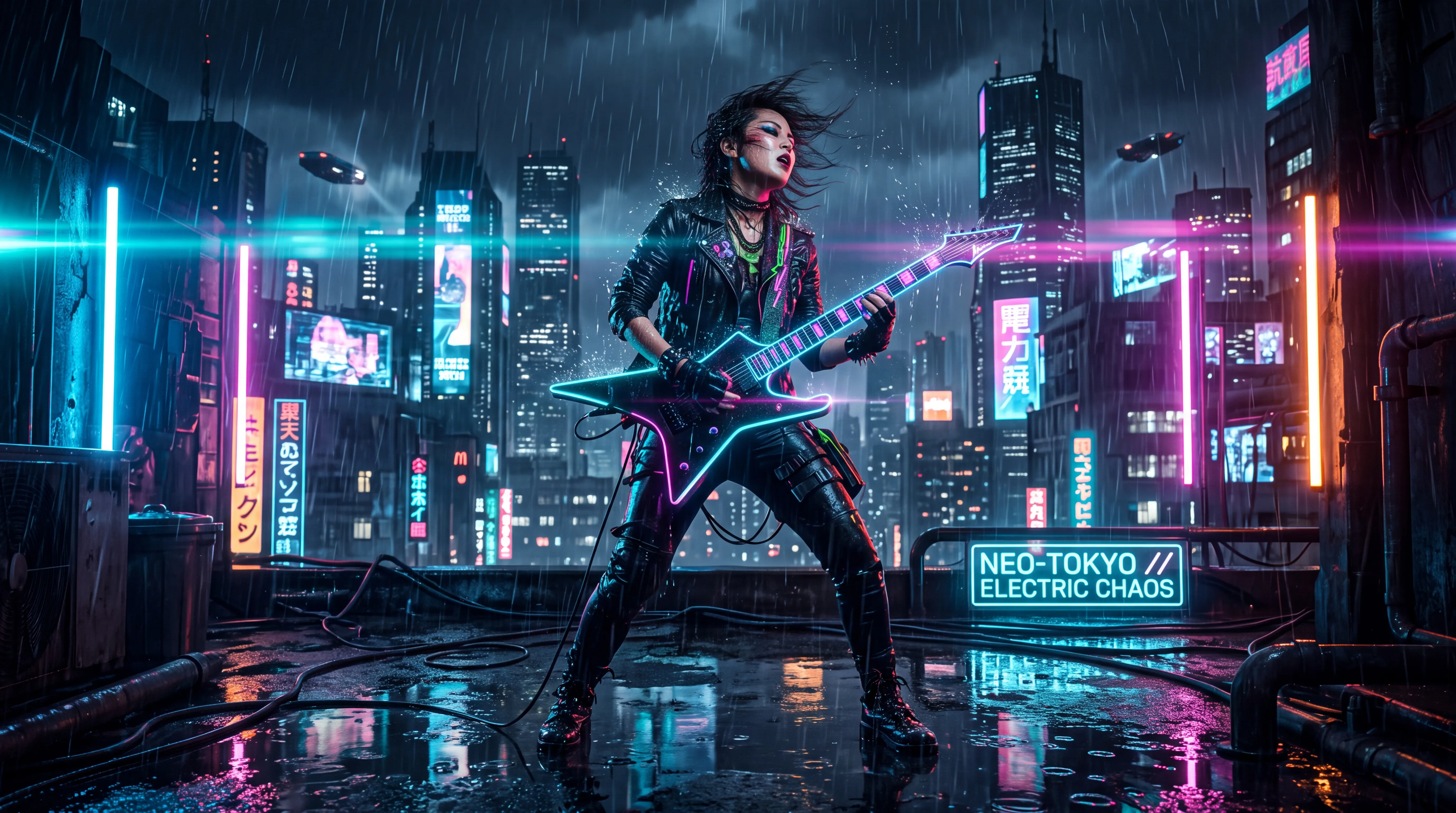 AI music video generator — Cyberpunk electric guitar neon rooftop solo still