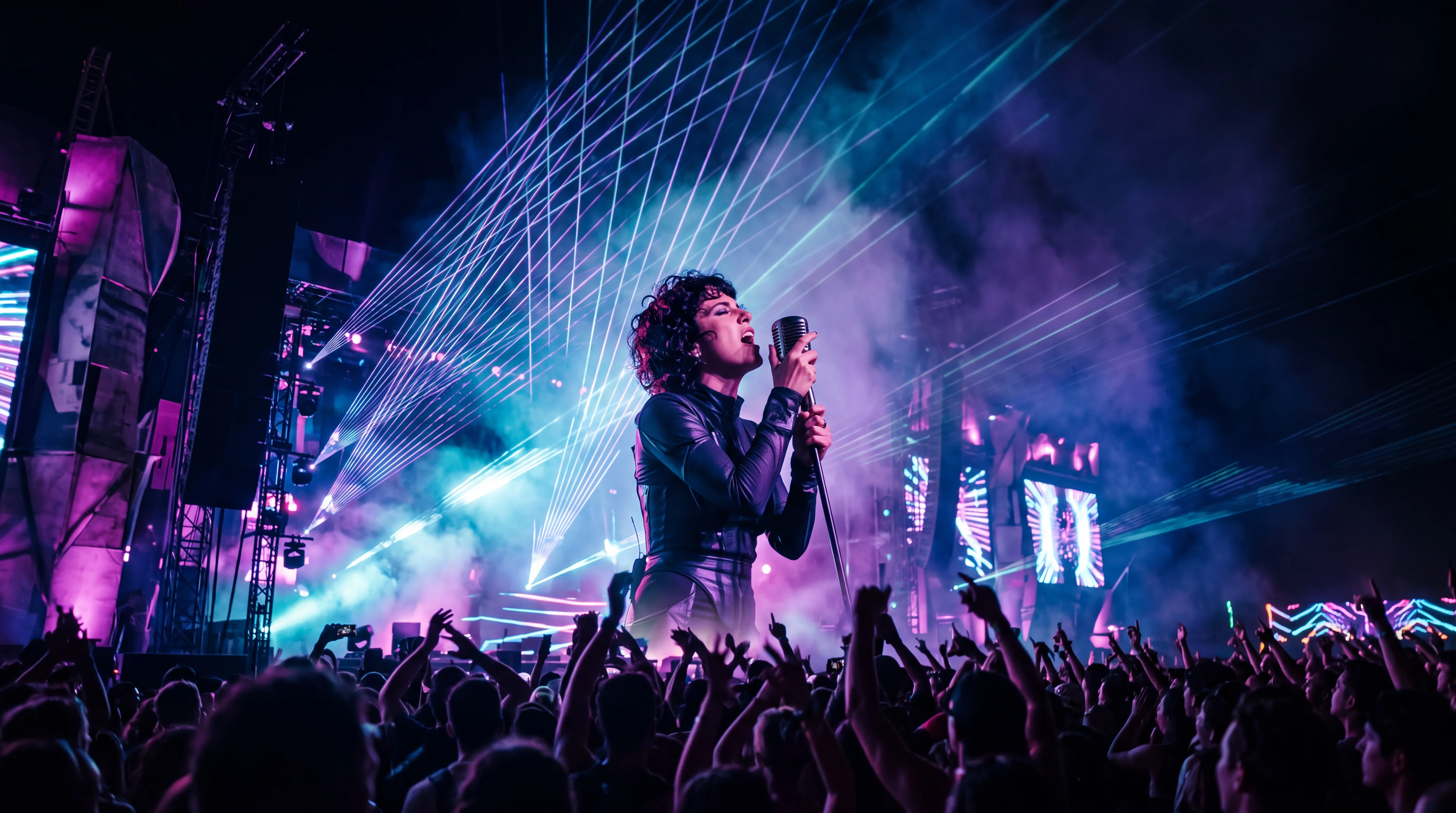 AI music video generator — Electronic music festival stage laser show