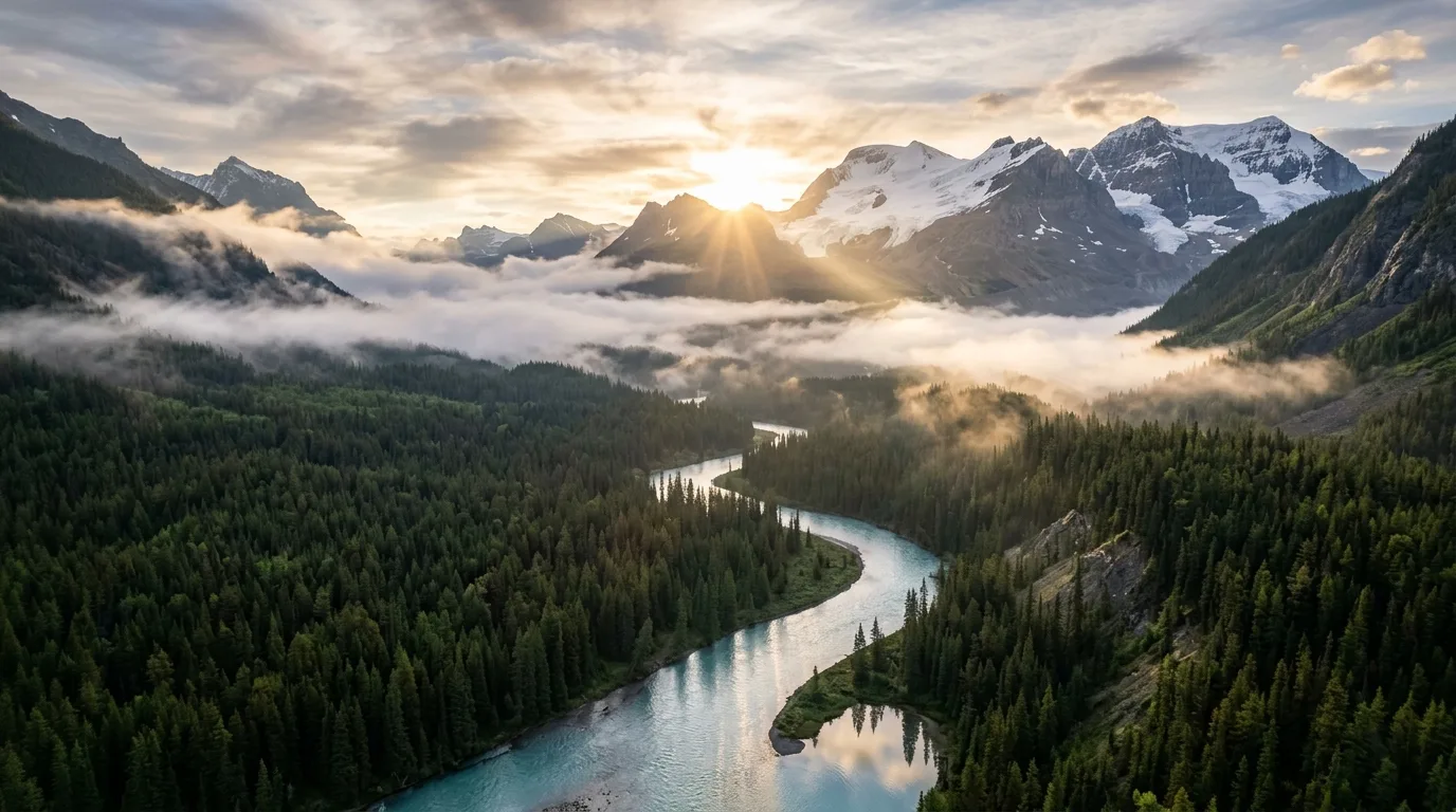 Aerial Alpine Valley & Glacial River