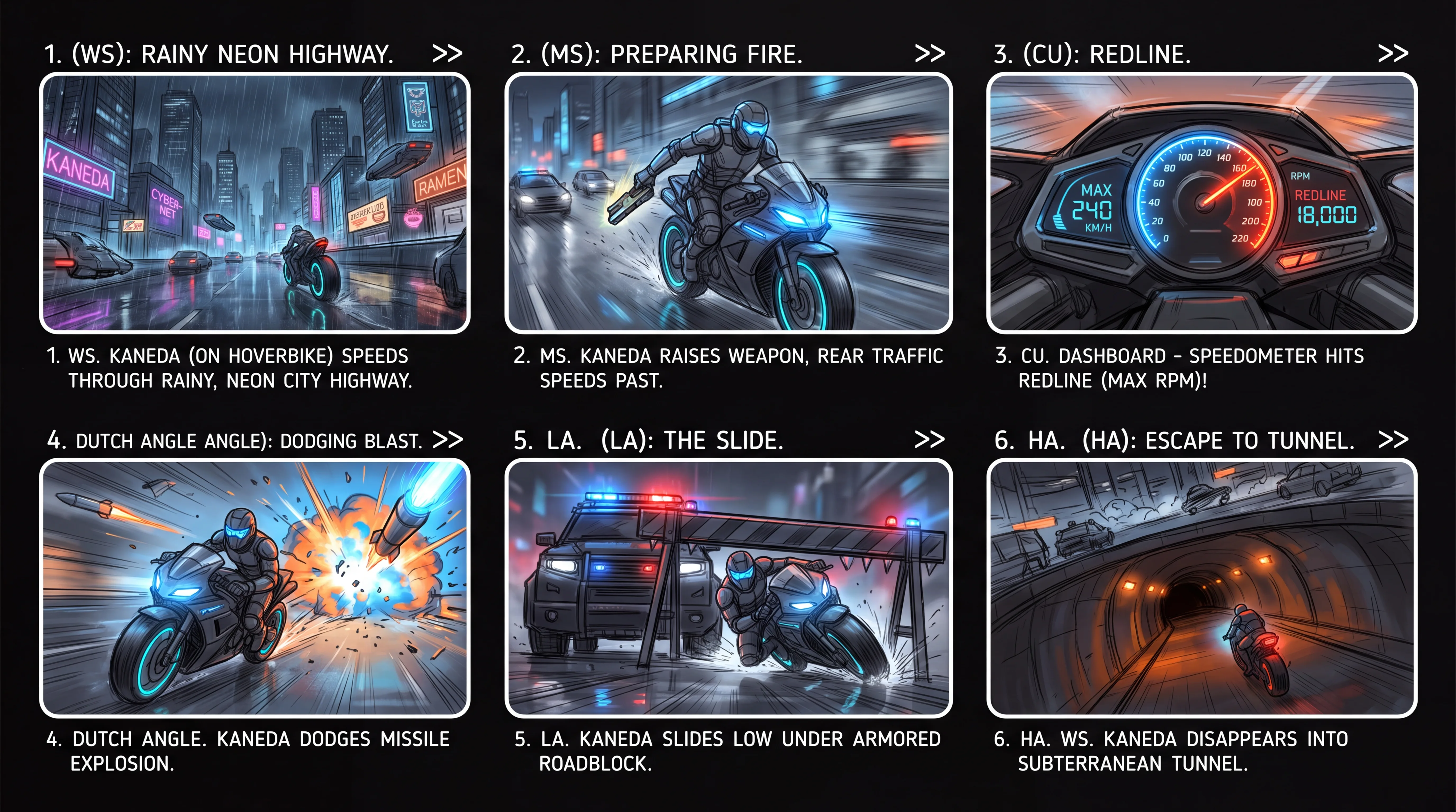 AI storyboard generator — 6-panel cyberpunk dynamic chase sequence contact sheet