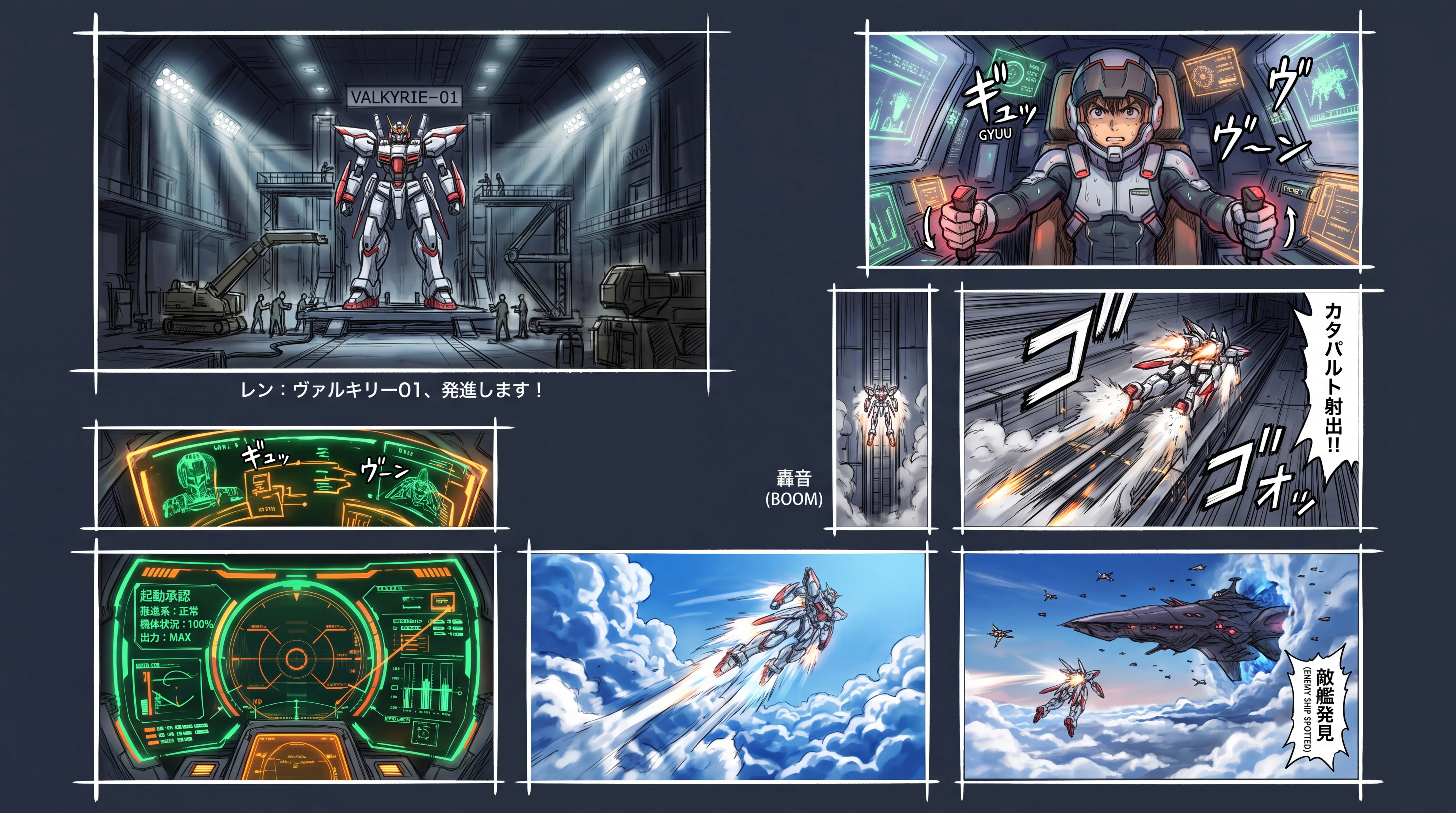 AI storyboard generator — 6-panel anime mecha battle sequence keyframe layout