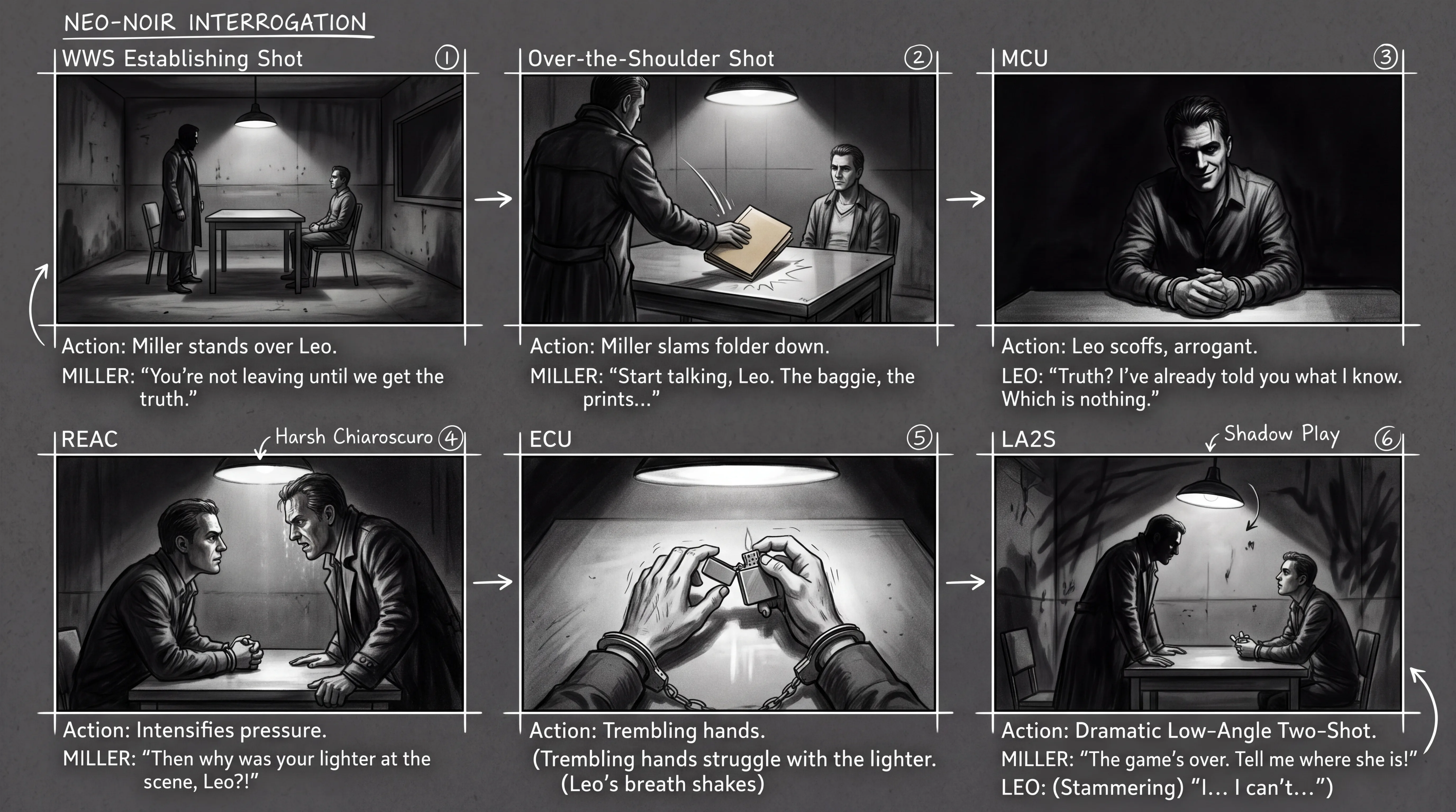 AI storyboard generator — 6-panel neo-noir dramatic dialogue shot-reverse-shot sheet