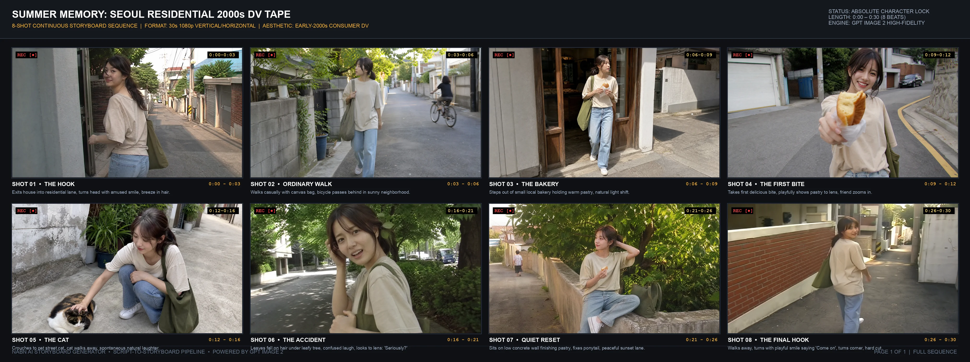 Free AI Storyboard Generator — 8-shot authentic 2000s consumer DV summer memory storyboard contact sheet